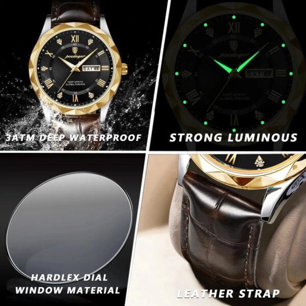 Luxury Poedagar Quartz Watch With Leather Strap for Men Fashion - Image 3