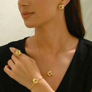 Women Jewelry Wholesale Daily Life Wear Twist Jewelry Set Gold Plated Alloy Necklace Earring Bangle