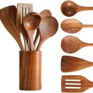 Kitchen Utensil Set With Holder Hooks Durable Teak Wood Nonstick