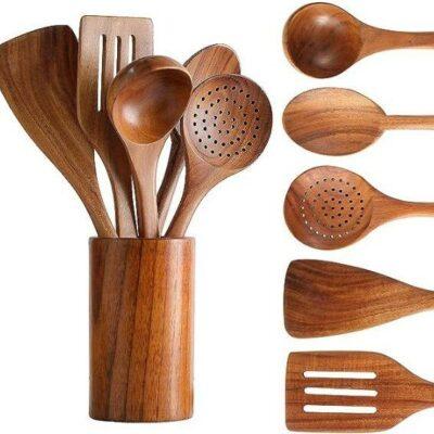 Kitchen Utensil Set With Holder Hooks Durable Teak Wood Nonstick