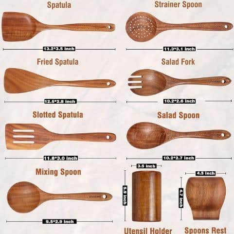 Kitchen Utensil Set With Holder Hooks Durable Teak Wood Nonstick - Image 3
