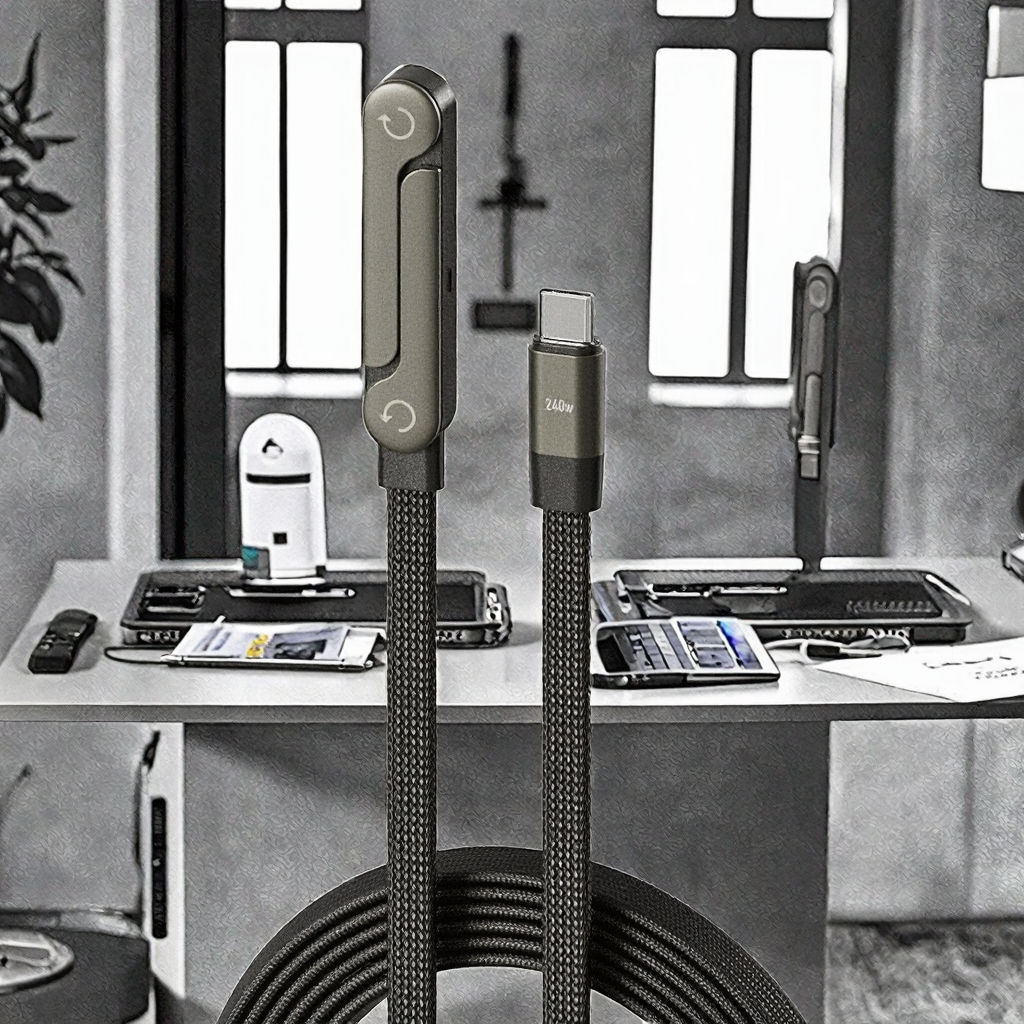 240W Fast Charging Nylon Braided Cable with Phone Stand 90 Elbow 360 Rotation Multi-Angle Type-C for iPhone - Image 3