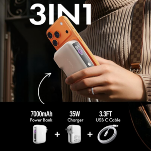 LISEN 35W 3-in-1 Fast Travel Charger 7000mAh Foldable Power Bank with Built-in USB-C Cable for iPhone 17 Galaxy Business Trip
