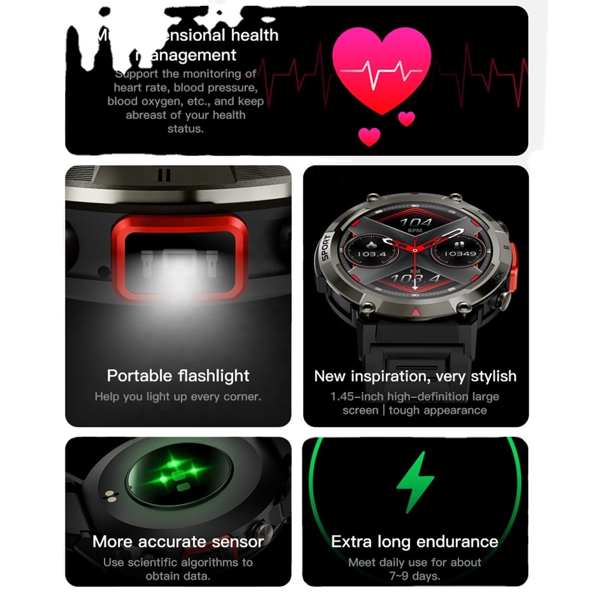 Smart Watch 1.45 Inch TFT HD Screen BT 5.0 Waterproof IP67 Flashlight Night Sports Fitness Alarm FitCloudPro - Image 3